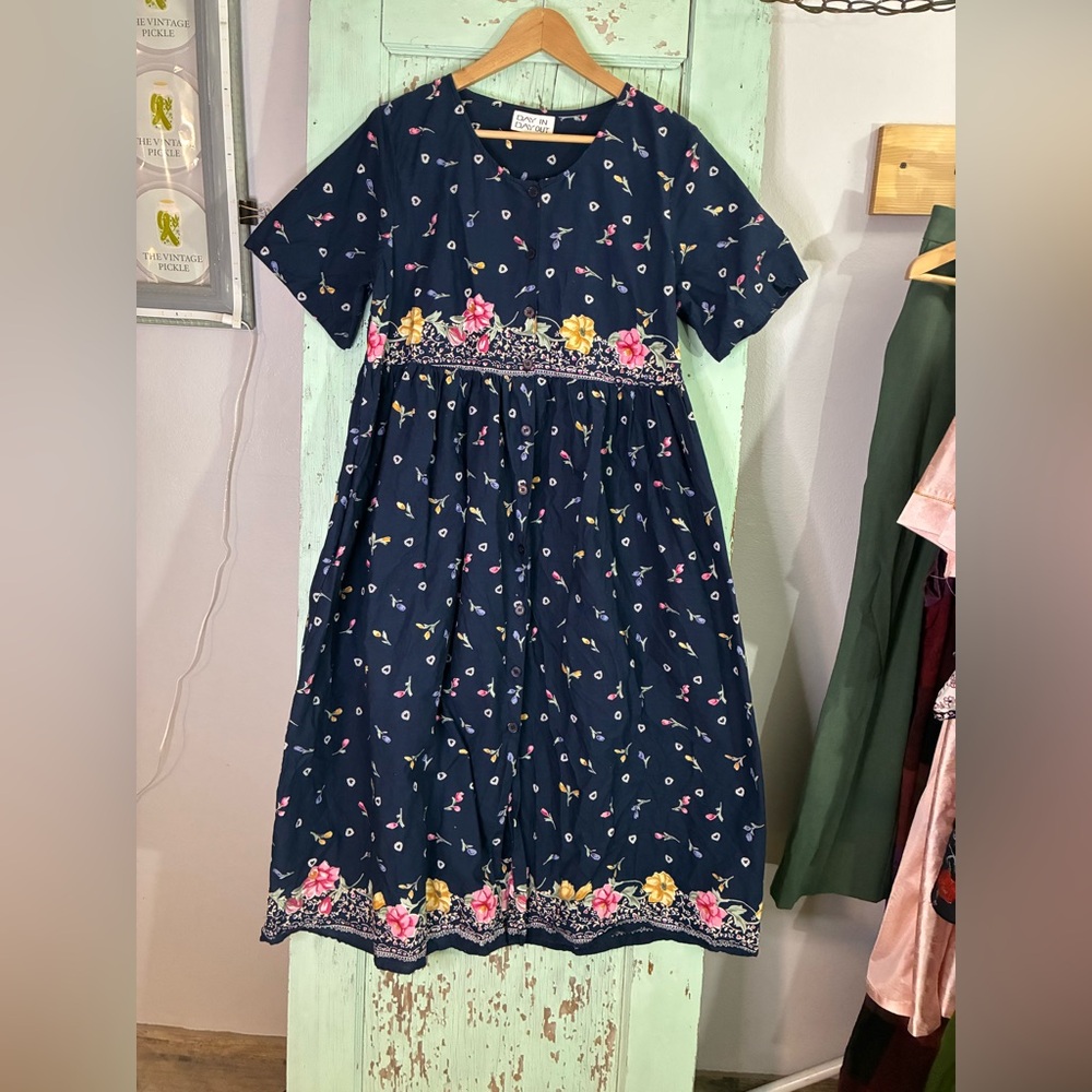 Floral Navy button down maxi dress with pockets